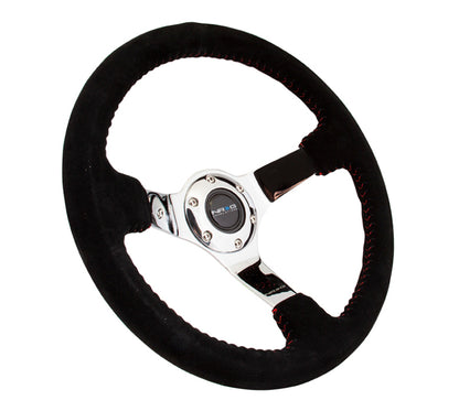 NRG Reinforced Steering Wheel (350mm / 3in. Deep) Blk Suede w/Red BBall Stitch & Chrome 3-Spoke RST-036CH-S RST-036CH-S Photo - Primary