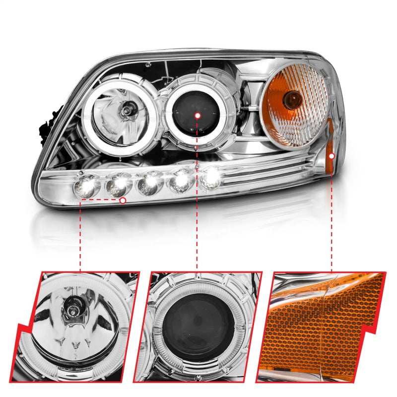 Anzo 1997.5-2003 Ford F-150 Projector Headlights w/ Halo and LED Chrome 1pc 111032 Photo - Unmounted