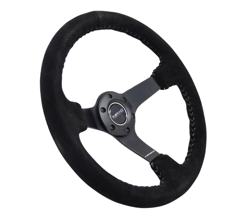 NRG Reinforced Steering Wheel (350mm / 3in. Deep) Blk Suede/Silver BBall Stitch w/5mm Mt. Blk Spokes RST-036MB-S-SL RST-036MB-S-SL Photo - Primary