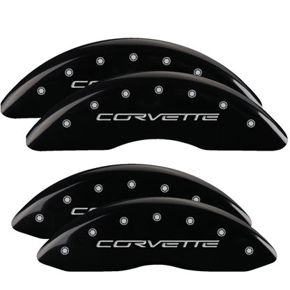 MGP 4 Caliper Covers Engraved Front & Rear C6/Corvette Black finish silver ch 13083SCV6BK 13083SCV6BK Photo - Primary