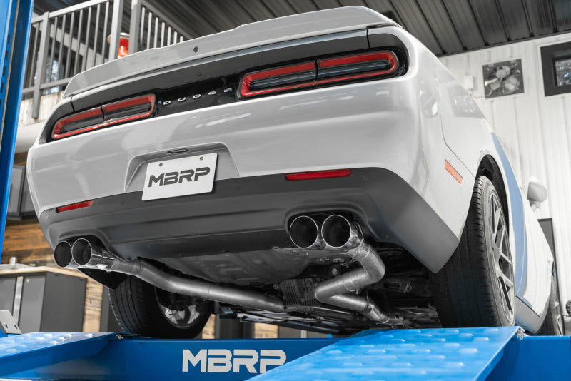 MBRP 15-16 Dodge Challenger RT 5.7L T304 SS 3in Dual Rear Cat-back CF Quad Tips - Street S71153CF S71153CF Photo - lifestyle view