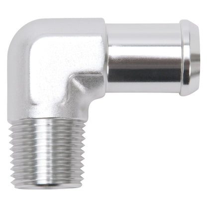 Edelbrock Hose End, 90-deg., 1/2" NPT to 3/4" Barb, Clear Anodize 8166 Photo - Primary