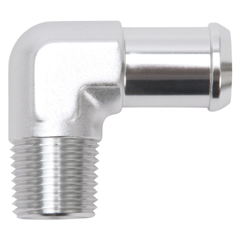 Edelbrock Hose End, 90-deg., 1/2" NPT to 3/4" Barb, Clear Anodize 8166 Photo - Primary