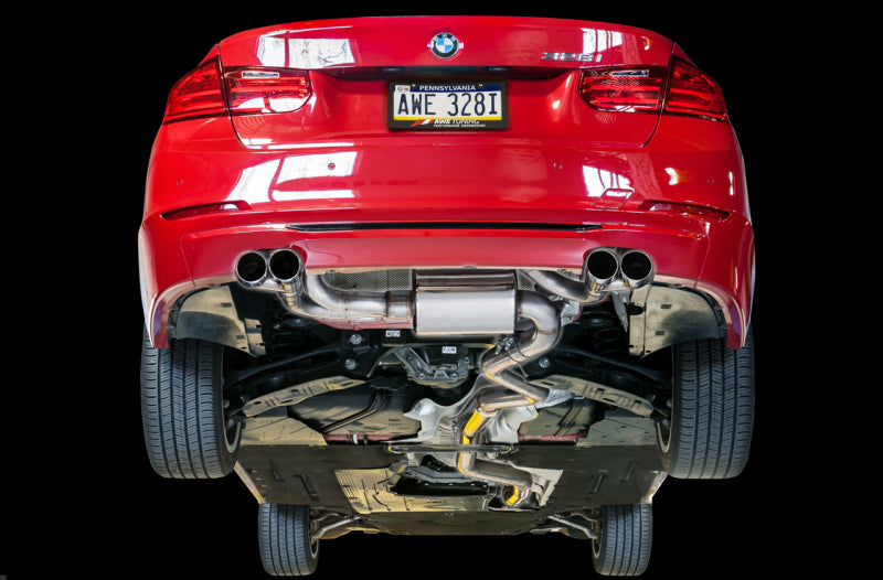 AWE Tuning BMW F3X N20/N26 328i/428i Touring Edition Exhaust Quad Outlet - 80mm Diamond Black Tips 3010-43036 3010-43036 Photo - Mounted