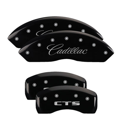 MGP 4 Caliper Covers Engraved Front Cursive/Cadillac Engraved Rear CTS Black finish silver ch 35010SCTSBK 35010SCTSBK Photo - Primary
