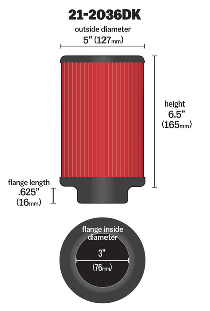 AEM Induction AEM Aif Filter, 3inFLG/ 5inOD/ 6-1/2inH Dry Flow 21-2036DK 21-2036DK Technical Drawing
