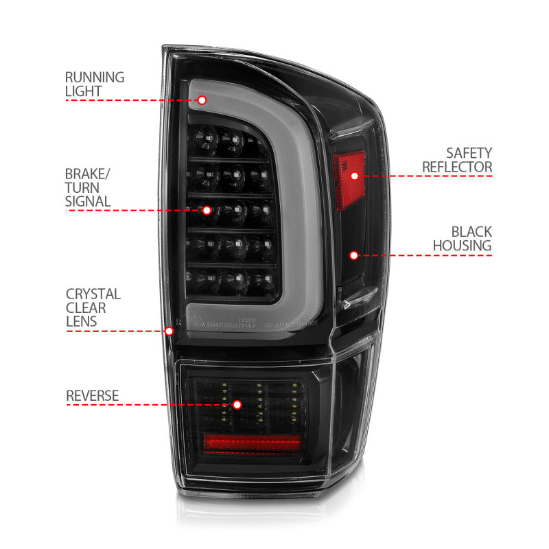 ANZO 16-21 Toyota Tacoma LED Tail Lights - w/ Light Bar Sequential Black Housing & Clear Lens 311400 311400 Photo - Unmounted