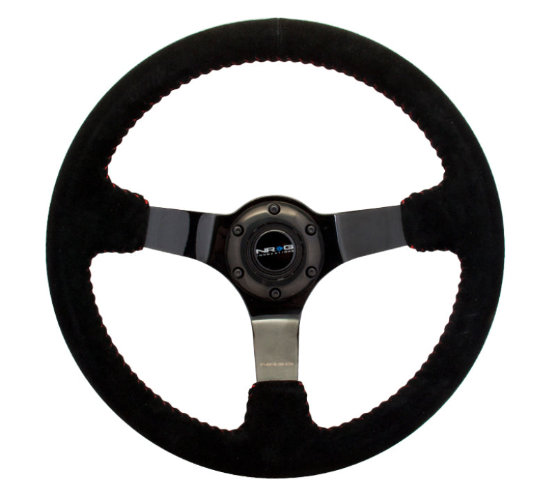 NRG Reinforced Steering Wheel (350mm / 3in. Deep) Blk Suede w/Red BBall Stitch & Black 3-Spoke RST-036BK-S RST-036BK-S Photo - Primary