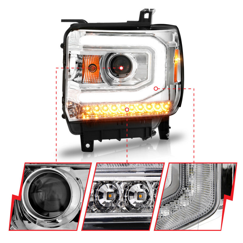 ANZO 2014-2015 Gmc Sierra 1500 Projector Headlights w/ Light Bar Chrome Housing (Halogen Type) 111514 111514 Photo - Unmounted