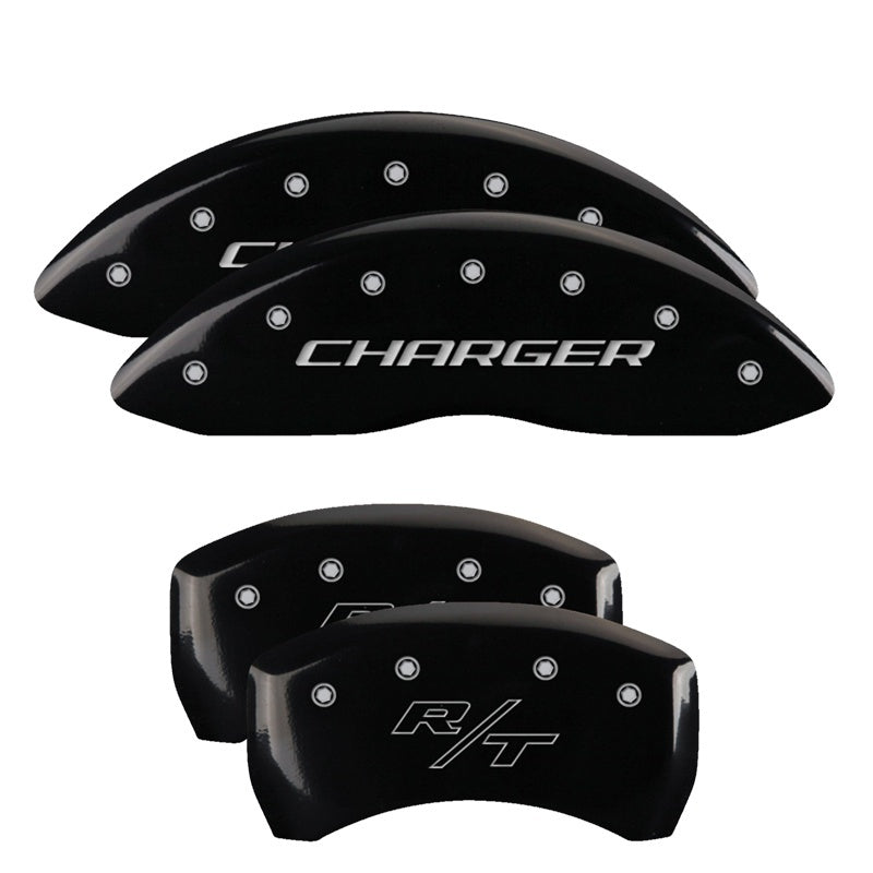 MGP 4 Caliper Covers Engraved Front Charger Engraved Rear RT Black finish silver ch 12005SCHRBK 12005SCHRBK Photo - Primary