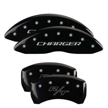 MGP 4 Caliper Covers Engraved Front Charger Engraved Rear RT Black finish silver ch 12181SCHRBK 12181SCHRBK Photo - Primary