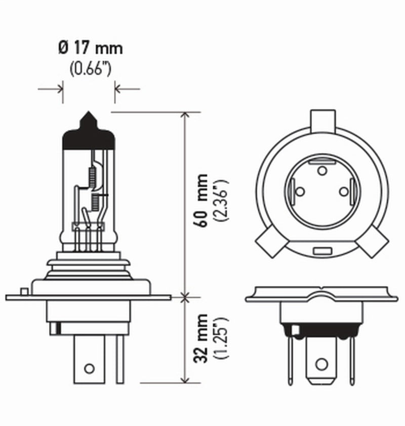 Hella Bulb H4 12V 60/55W P43T T4625 (2) H4TB H4TB Technical Drawing
