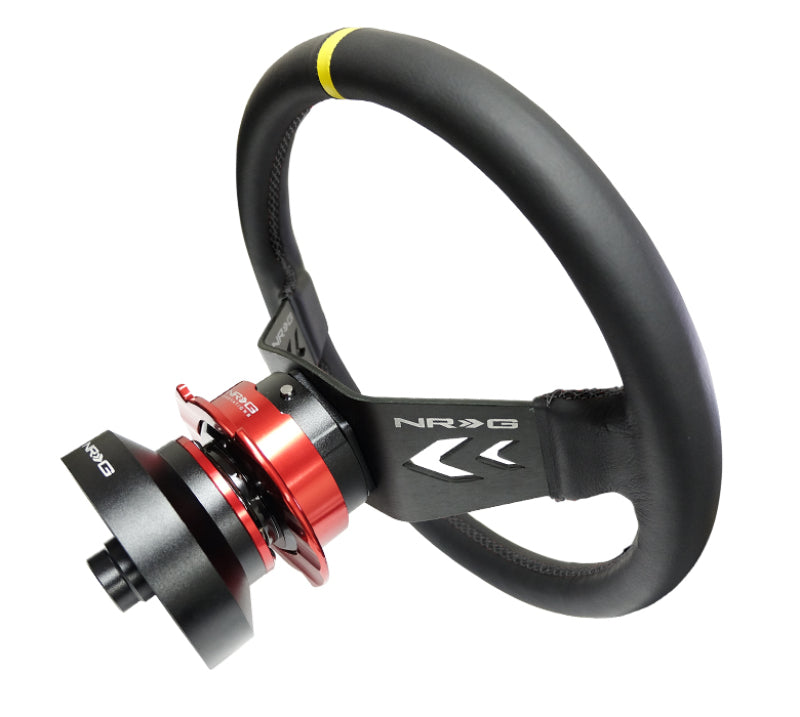 NRG Reinforced Steering Wheel (350mm / 3in Deep) Blk Leather w/NRG Arrow-Cut 2-Spoke & Sgl Yellow CM RST-022R-Y RST-022R-Y Photo - Primary