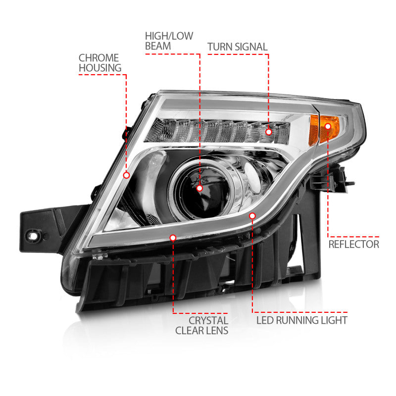 ANZO 11-15 Ford Explorer Projector Headlights w/ Light Bar Chrome Housing w/ Amber light 111576 111576 Photo - Unmounted