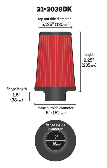 AEM Induction AEM 3 inch x 9 inch DryFlow Air Filter 21-2039DK 21-2039DK Technical Drawing