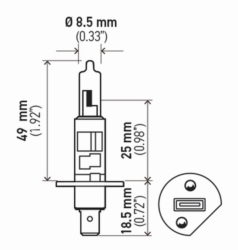 Hella H1 12V 55W Hella High Performance Xenon Bulb (Pair) H1 2.0TB H1 2.0TB Technical Drawing