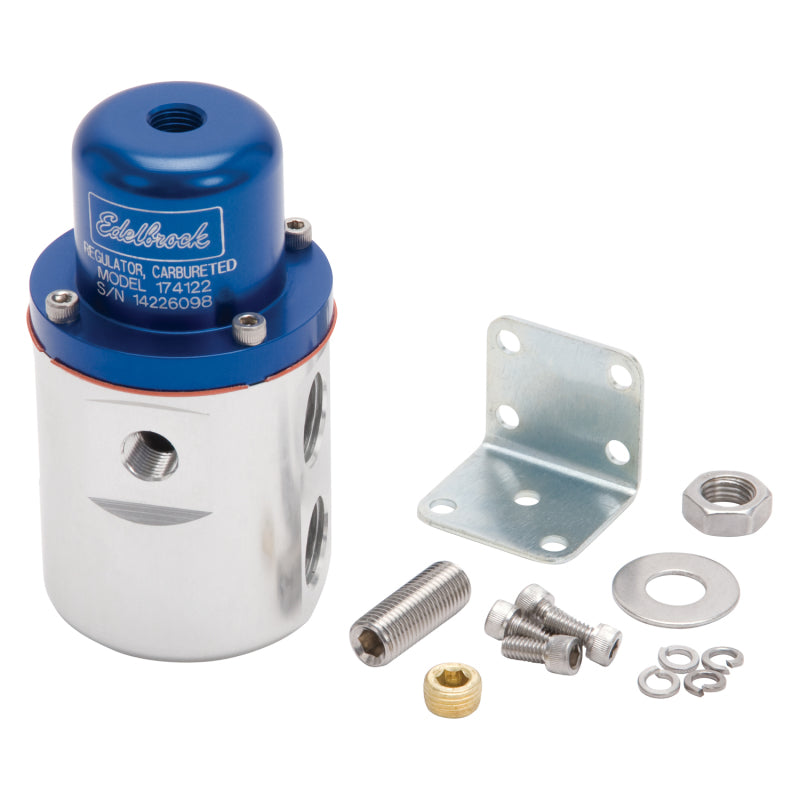 Edelbrock Fuel Pressure Regulator Carbureted 160 GPH 5-10 PSI 3/8In In/Out Returnless Blue/Clear 174122 174122 Photo - Primary