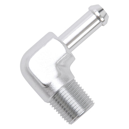 Edelbrock Hose End, 90-Degrees 3/8" NPT to 3/8" Barb, Clear Anodize 8168 Photo - out of package