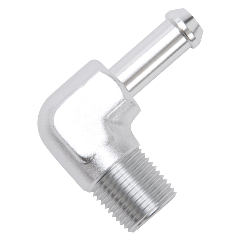Edelbrock Hose End, 90-Degrees 3/8" NPT to 3/8" Barb, Clear Anodize 8168 Photo - out of package