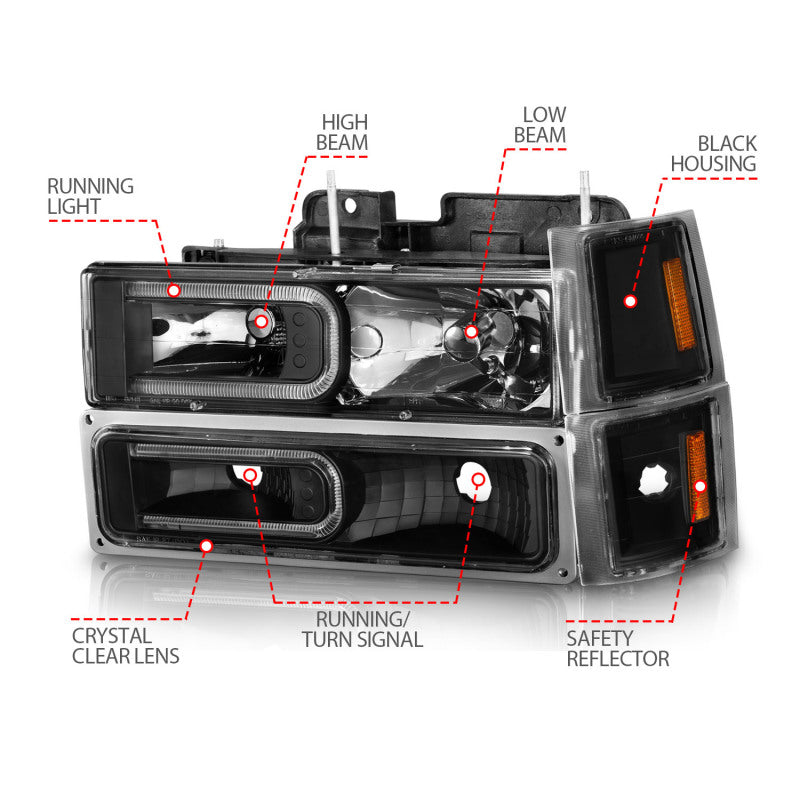 ANZO 88-98 Chevrolet C1500 Crystal Headlights w/ Light Bar Black Housing w/ Signal Side Markers 8Pcs 111528 111528 Photo - Unmounted