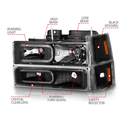 ANZO 88-98 Chevrolet C1500 Crystal Headlights w/ Light Bar Black Housing w/ Signal Side Markers 8Pcs 111528 111528 Photo - Unmounted