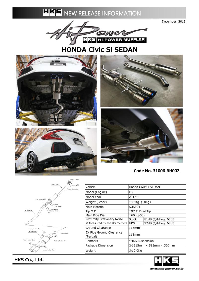 HKS 17+ Honda Civic Si Sedan (FC) Hi-Power Muffler Exhaust 31006-BH002 Photo - Primary