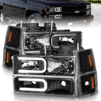 ANZO 88-98 Chevrolet C1500 Crystal Headlights w/ Light Bar Black Housing w/ Signal Side Markers 8Pcs 111528 111528 Photo - Primary