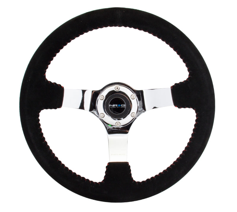 NRG Reinforced Steering Wheel (350mm / 3in. Deep) Blk Suede w/Red BBall Stitch & Chrome 3-Spoke RST-036CH-S RST-036CH-S Photo - Primary
