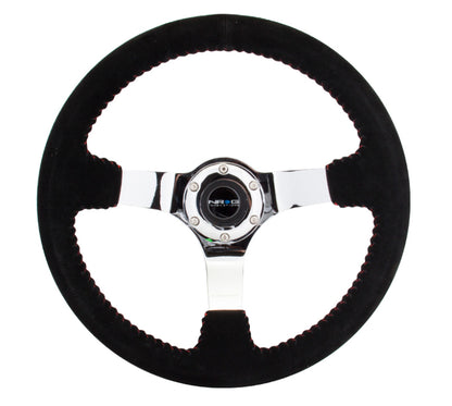 NRG Reinforced Steering Wheel (350mm / 3in. Deep) Blk Suede w/Red BBall Stitch & Chrome 3-Spoke RST-036CH-S RST-036CH-S Photo - Primary