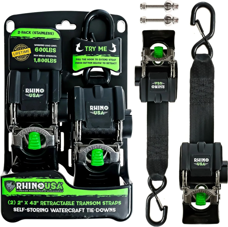 Rhino USA Retractable Transom Straps (2 Pack-Stainless) TD-MSTR2X43-STNLS TD-MSTR2X43-STNLS Photo - Primary