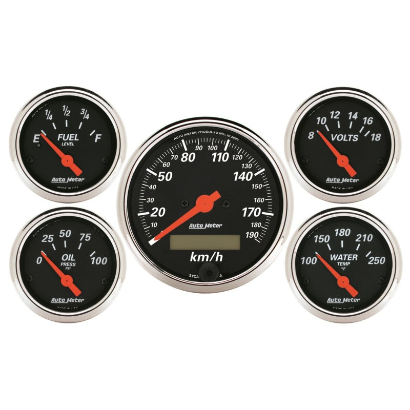 Autometer Designer Black 5 Pc Kit w/ Elec KMH Speedo, Oil Press, Water Temp, Volt, Fuel Level 1421-M 1421-M Photo - Primary