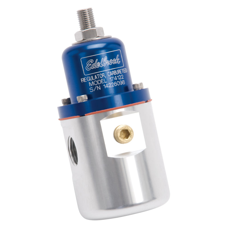 Edelbrock Fuel Pressure Regulator Carbureted 160 GPH 5-10 PSI 3/8In In/Out Returnless Blue/Clear 174122 174122 Photo - out of package