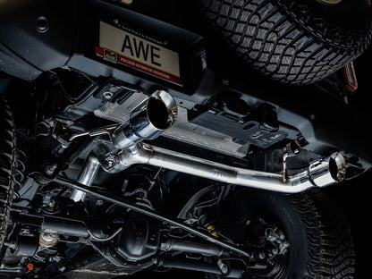 AWE Tuning 2021+ Ford Bronco 0FG Dual Rear Exit Exhaust w/Chrome Silver Tips & Bash Guard 3015-32456 3015-32456 Photo - Mounted
