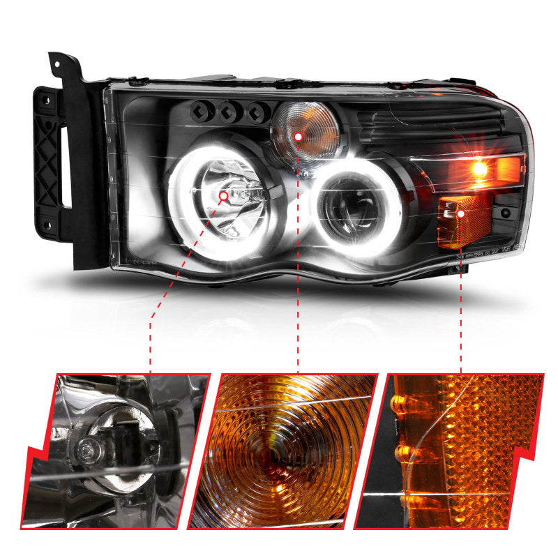 ANZO 2002-2005 Dodge Ram 1500 Projector Headlights w/ Halo Black Clear Amber 111490 111490 Photo - Unmounted
