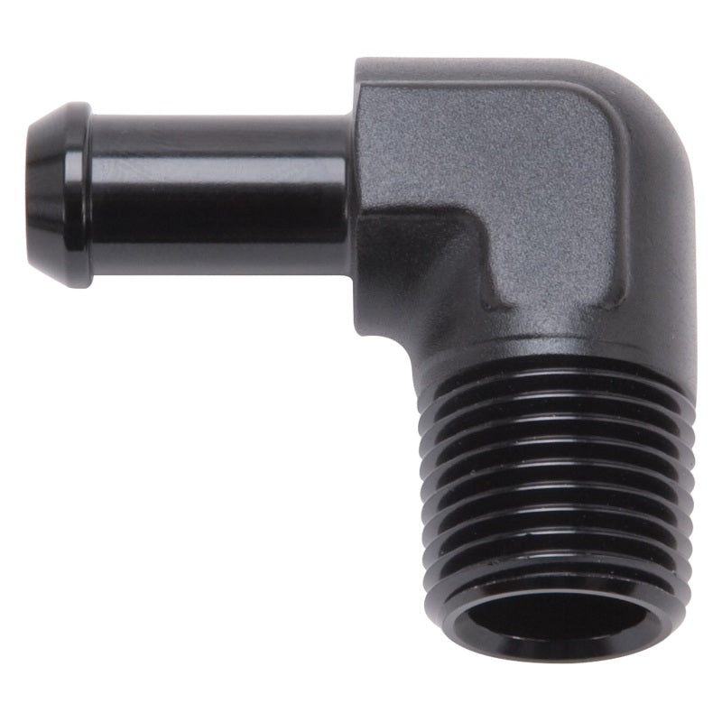 Edelbrock Hose End, 90-deg., 1/2" NPT to 3/8" Barb, Black Anodize 8169 Photo - Primary