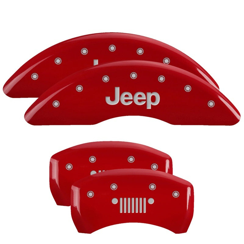 MGP 4 Caliper Covers Engraved Front JEEP Engraved Rear JEEP Grill logo Red finish silver ch 42012SJPLRD 42012SJPLRD Photo - Primary