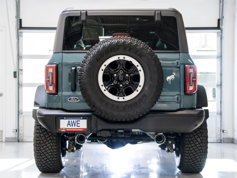AWE Tuning 2021+ Ford Bronco 0FG Dual Rear Exit Exhaust w/Chrome Silver Tips & Bash Guard 3015-32456 3015-32456 Photo - Mounted