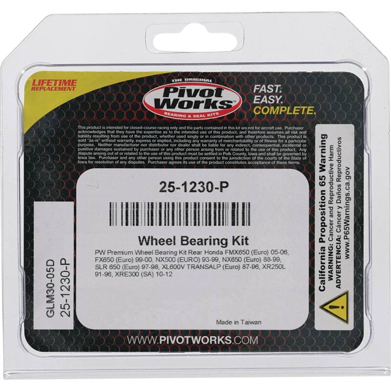 Pivot Works Honda Wheel Bearing Kit Premium Bearings 25-1230-P 25-1230-P Photo - Primary