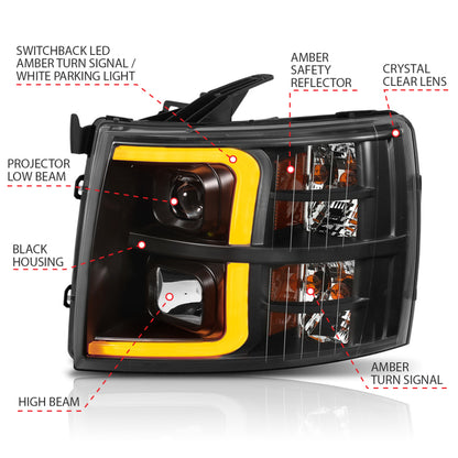 ANZO 07-13 Chevrolet Silverado 1500 Plank Style Projector Headlights Black w/ Amber 111410 111410 Photo - lifestyle view
