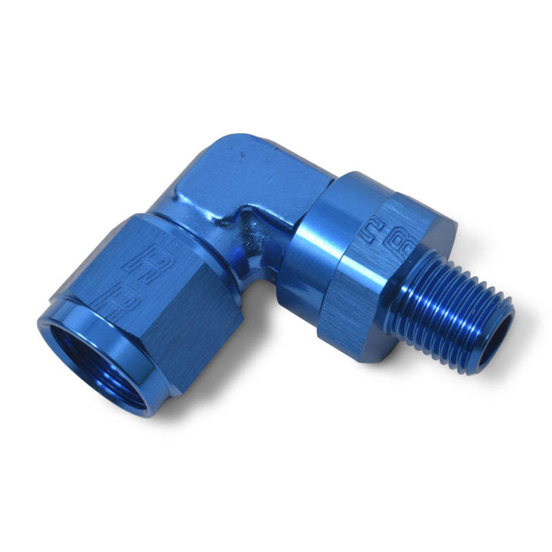 Russell 90° Female AN To Male Swivel NPT - Blue 614006 Photo - out of package