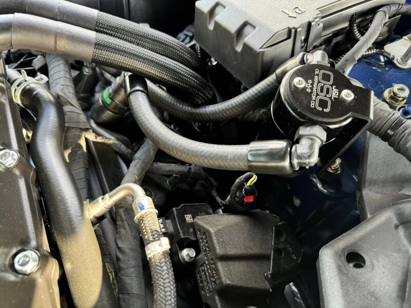 J&L 2024 Ford Mustang GT w/ Whipple Supercharger Oil Separator 3.0 PCV Side - Black Anodized 3092P-B 3092P-B Photo - Mounted