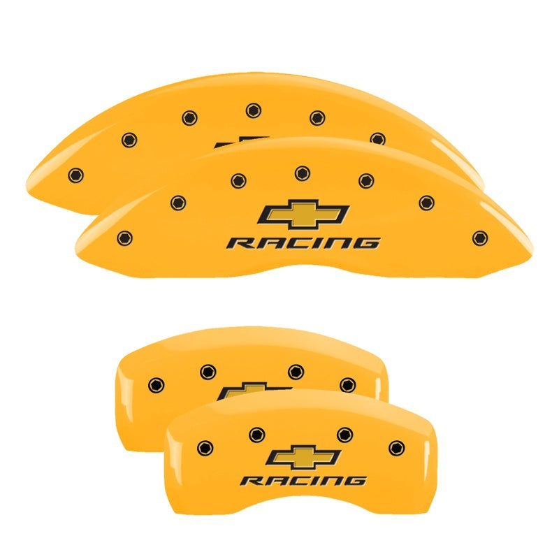 MGP 4 Caliper Covers Engraved Front & Rear Chevy racing Yellow finish black ch 14006SBRCYL 14006SBRCYL Photo - Primary