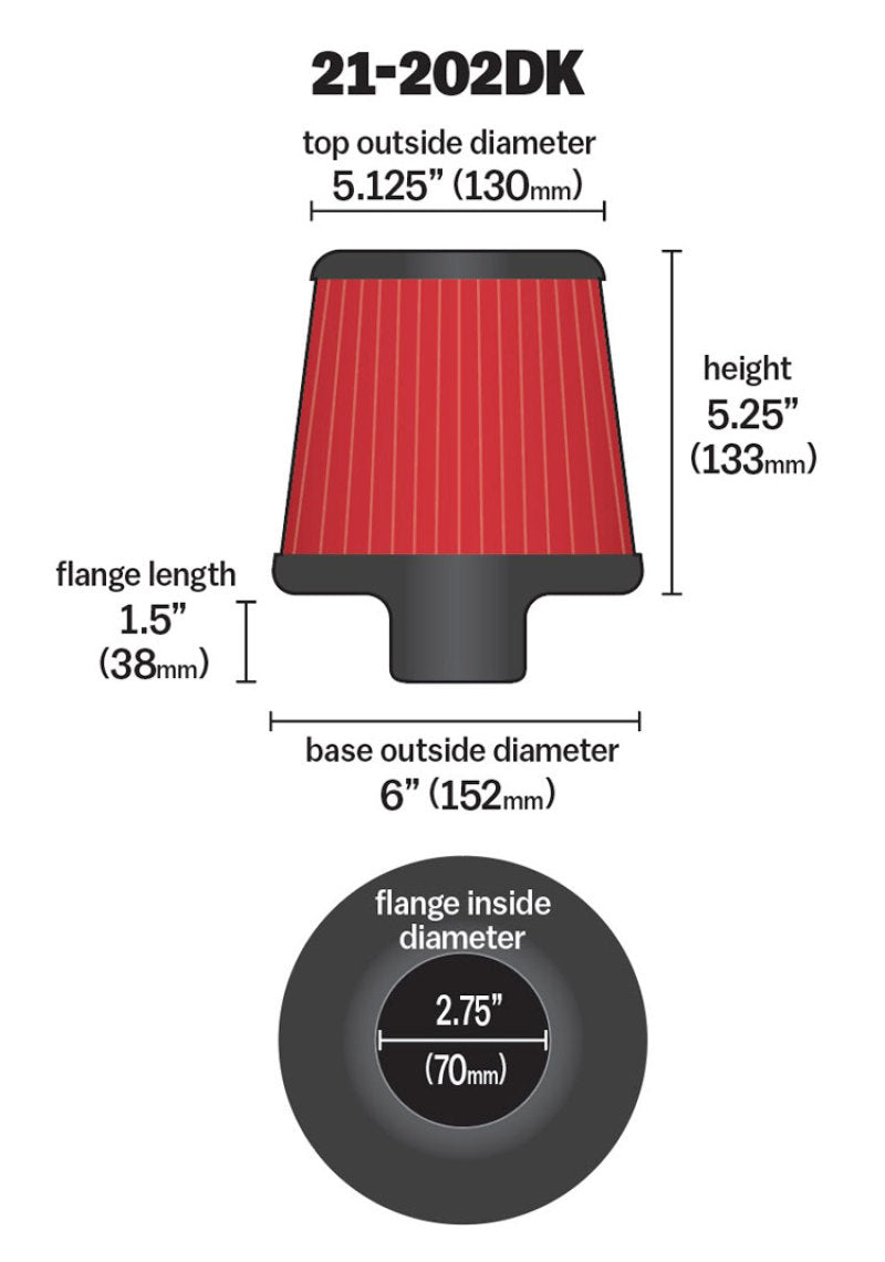 AEM Induction AEM 2.75 inch Short Neck 5 inch Element Filter Replacement 21-202DK 21-202DK Technical Drawing