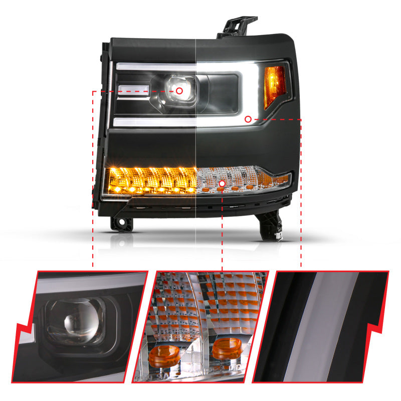 ANZO 16-18 Chevy Silverado1500 (Factory HID Models) LED Proj Light Bar Style Headlights Black - Pair 111624A 111624A User 1