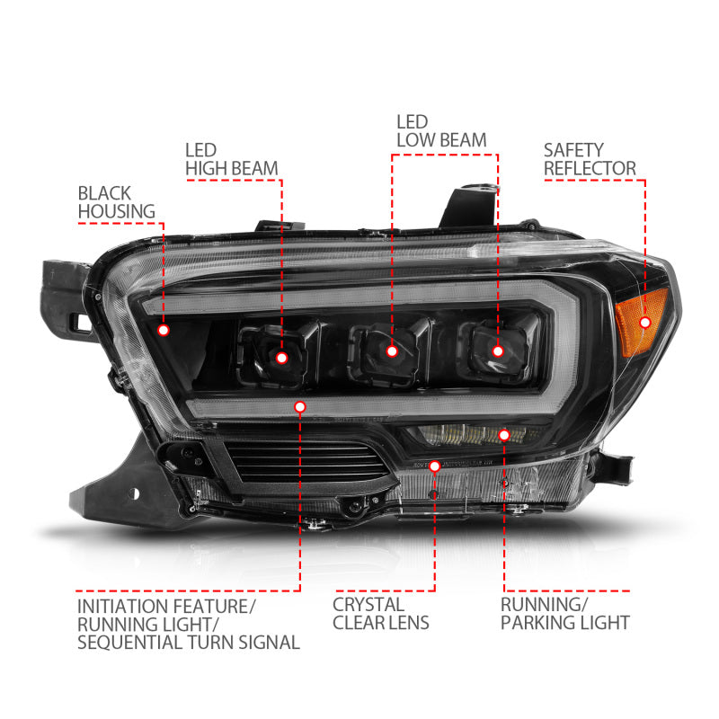 ANZO 16-22 Toyota Tacoma LED Projector Headlights w/ Light Bar Sequential Black Housing w/Initiation 111563 111563 Photo - Unmounted