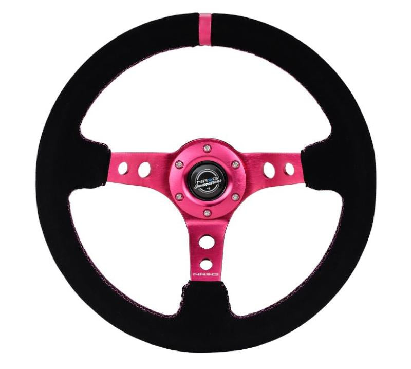 NRG Reinforced Steering Wheel (350mm/ 3in. Deep) Black Suede/ Fushia Center Mark/ Fushia Stitching RST-006S-FH