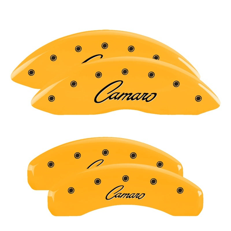 MGP 4 Caliper Covers Engraved Front & Rear Cursive/Camaro Yellow finish black ch 14033SCCSYL 14033SCCSYL Photo - Primary