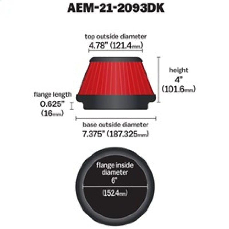 AEM Induction AEM 6 inch x 4 inch DryFlow Tapered Conical Air Filter 21-2093DK 21-2093DK Technical Bulletin
