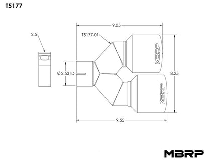 MBRP Universal T304 SS Dual Tip 4in OD/2.5in Inlet T5177 T5177 Line Art