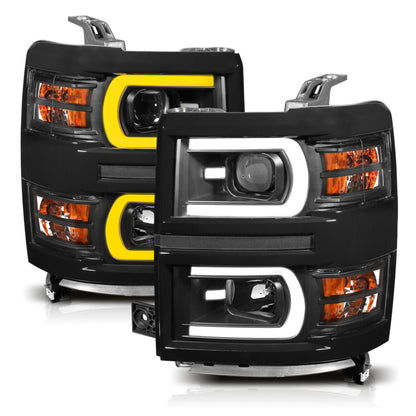 ANZO 14-15 Chevrolet Silverado 1500 Projector Headlights w/ Plank Style Switchback Black w/ Amber 111412 111412 Photo - Unmounted